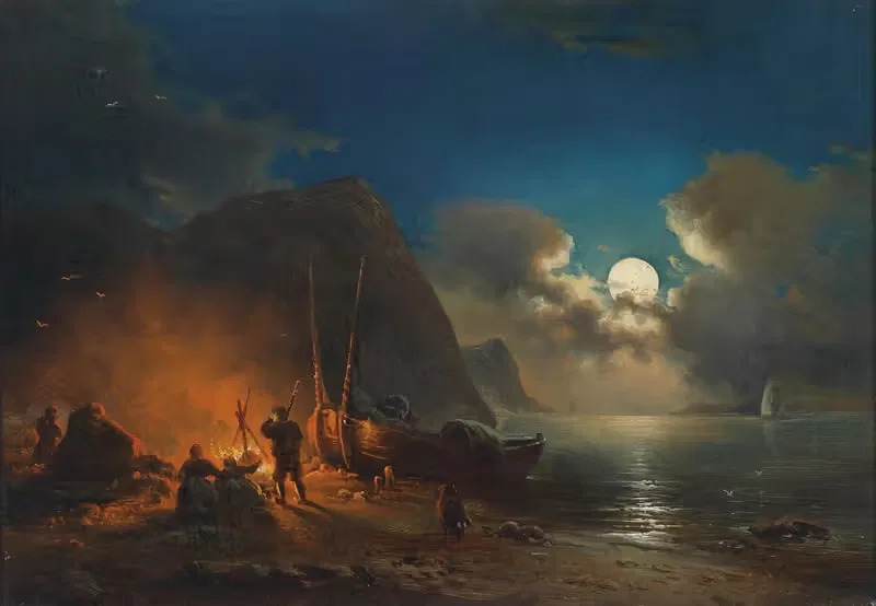 Романтический костер при лунном свете by Иоганн Антон Кастель, 1850 — digital art print download
