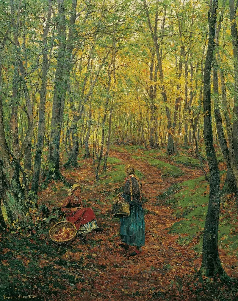 Лесная чаща с девочкой, ищущей грибы by Теодор фон Хёрманн, 1892 — digital art print download