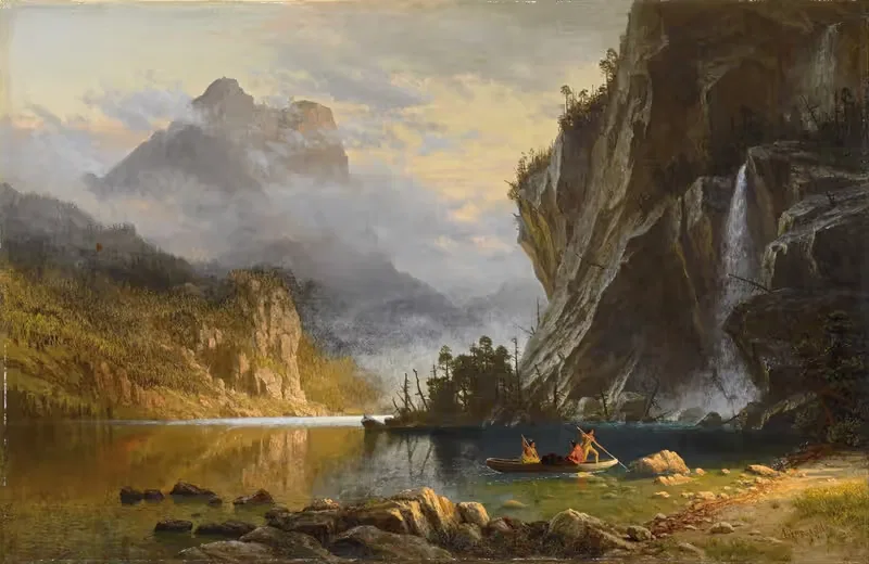 Индейцы ловят рыбу с копьями by Альберт Бирштадт, 1862 — digital art print download