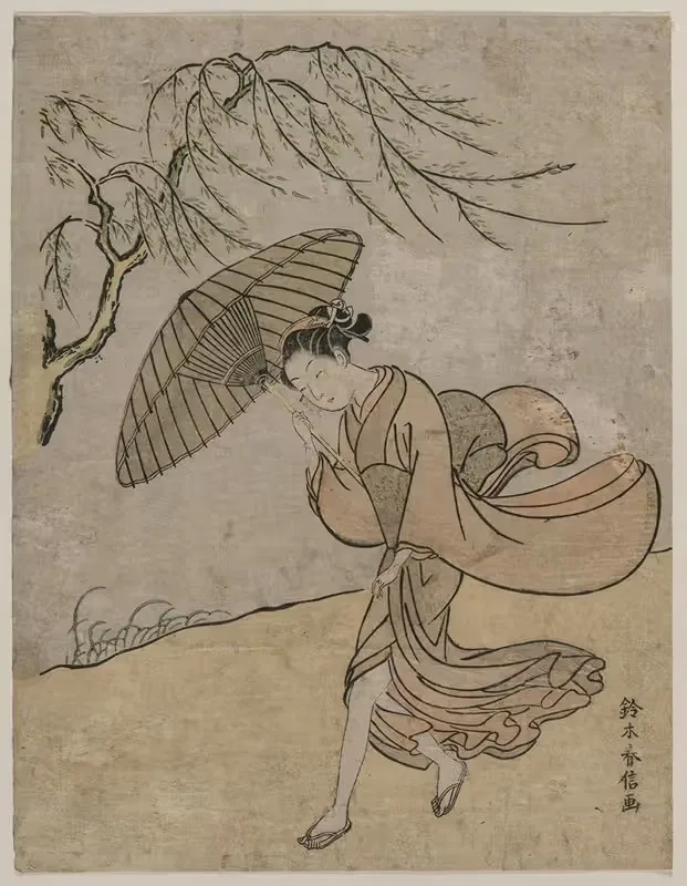 Woman Running Past a Willow Tree in a Breeze — Suzuki Harunobu