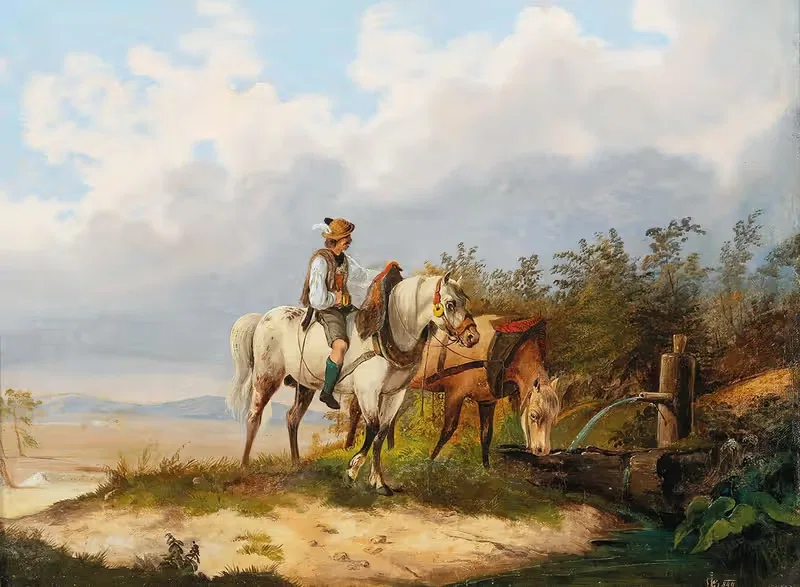Reiter Mit Pferden Bei Der Tränke, by Alois Bach — digital art print download