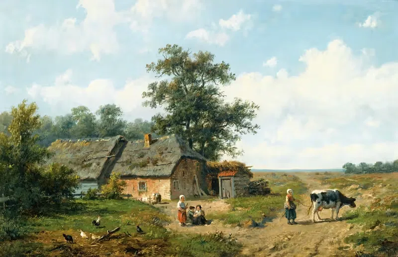 Figures Outside A Cottage On A Sunny Day — Anthonie Jacobus Van Wijngaerdt