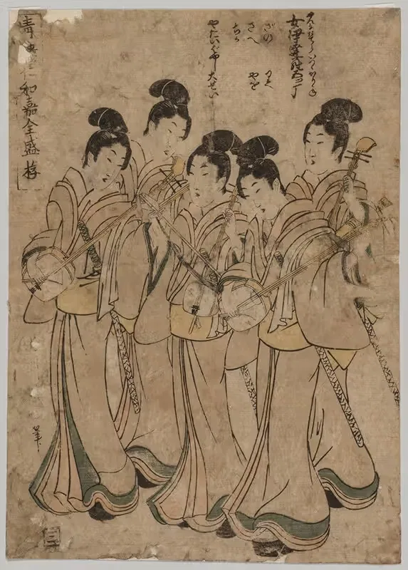 Молодые женщины с музыкальными инструментами by Кикукава Эйзан, 1787-1867 — digital art print download