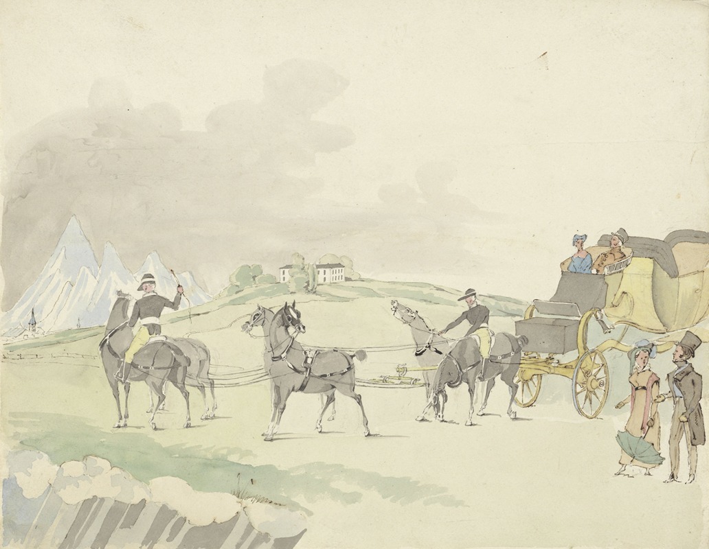 Reiskoets in een berglandschap — Pieter van Loon