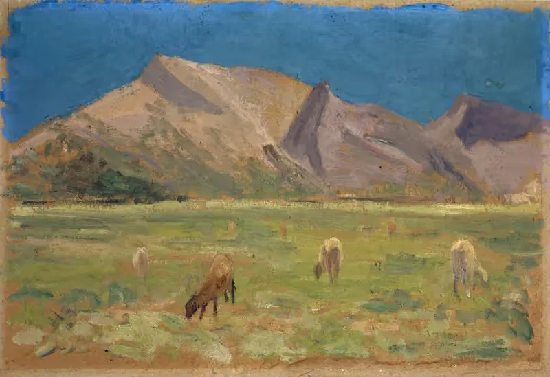 Grazing Sheep in front of Bare Hills — Ernst Schiess