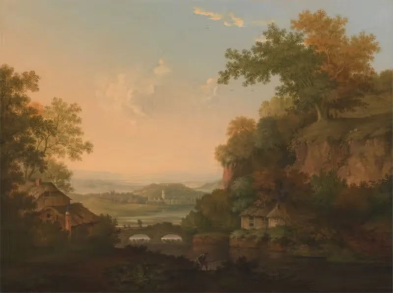 A River Scene with Thatched Huts by a Bridge over a Weir — James Lambert of Lewes
