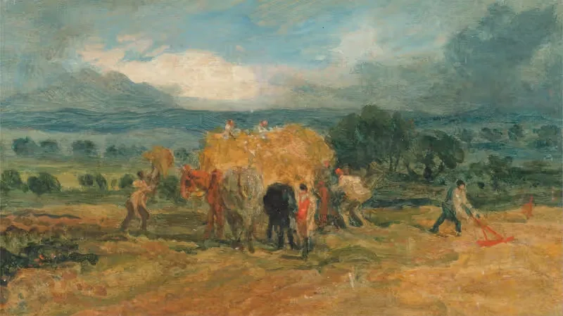 A Harvest Scene with Workers Loading Hay on to a Farm Wagon — James Ward