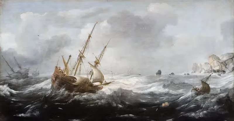 Ships in a Storm on a Rocky Coast — Jan Porcellis