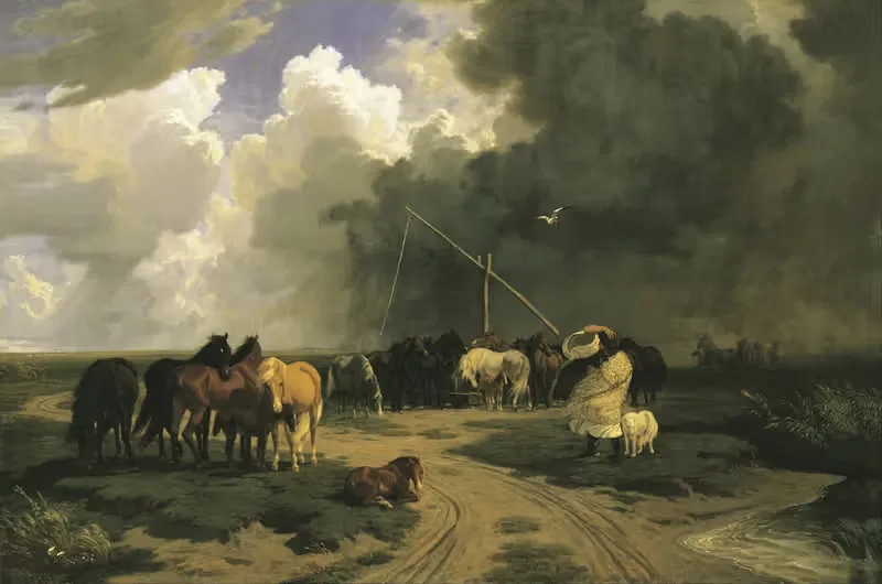 Лошади в дождевую бурю by Карой Лотц, 1862 — digital art print download