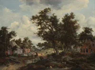 A Wooded Landscape with Travelers on a Path through a Hamlet by Meindert Hobbema — digital art print download