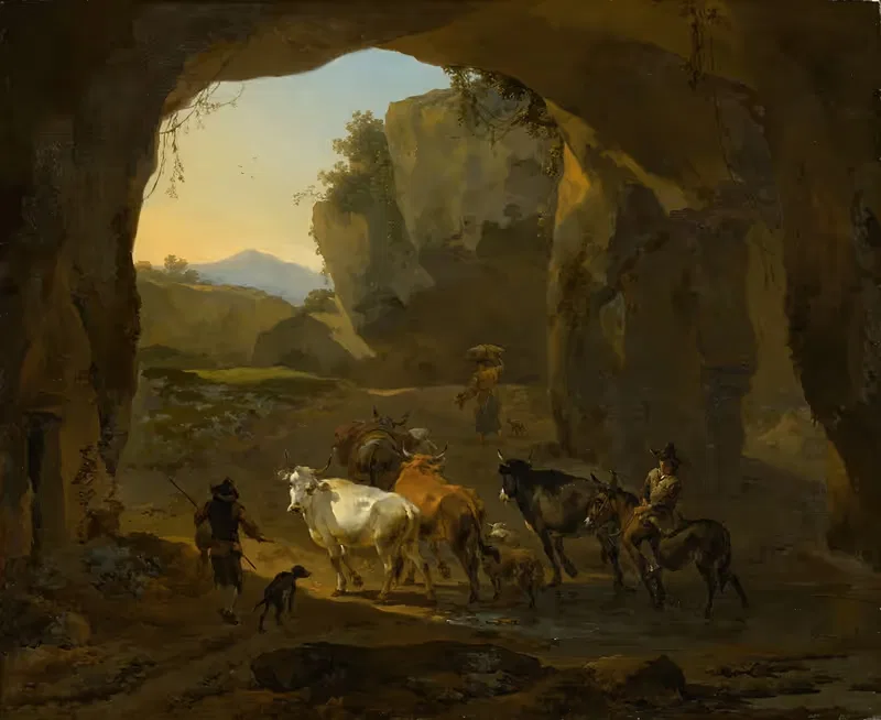 Крестьяне с скотом в пещере by Николаес Питерсз. Берхем, 1654 — digital art print download