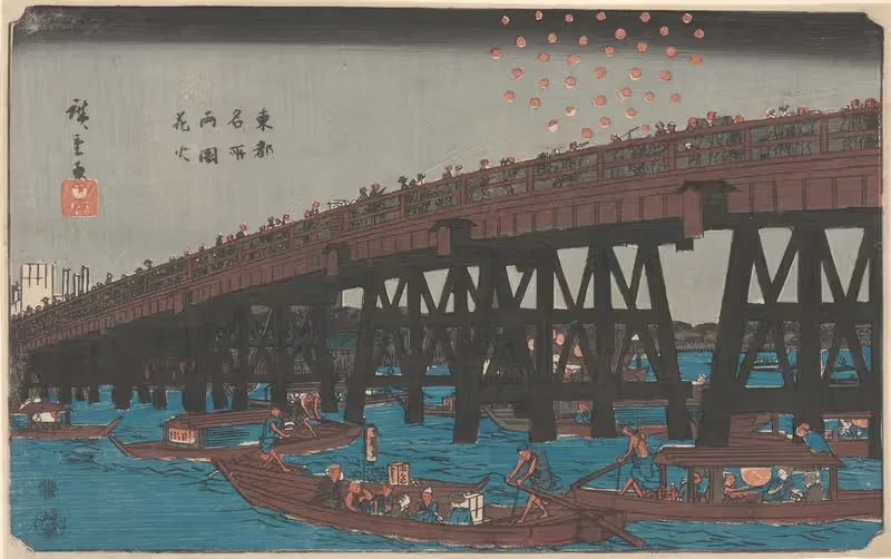 Ryôgoku; Fireworks at Ryôgoku (hanabi) — Utagawa Hiroshige