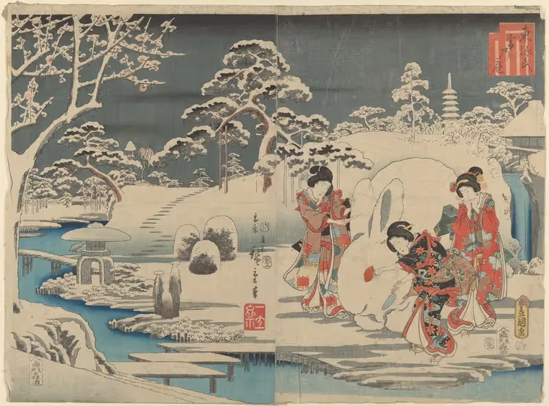 Three Women Making a Snow Rabbit in a Garden — Utagawa Hiroshige