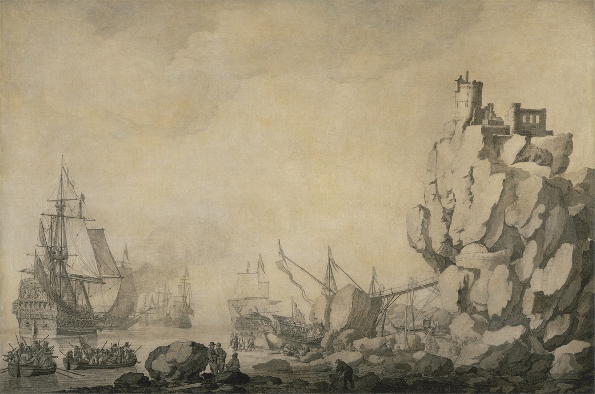 Ships and Militia by a Rocky Shore — Willem van de Velde the Elder