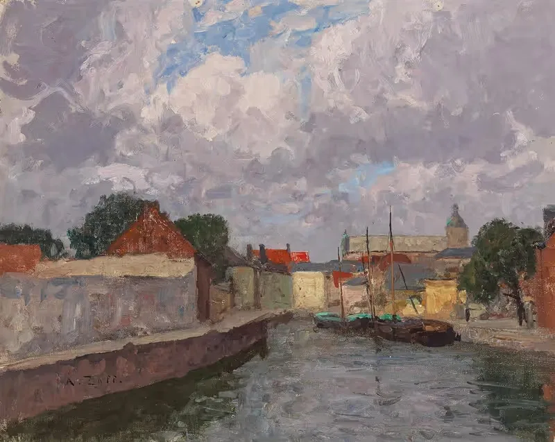 A Canal with Boats before a Town — Alfred Zoff