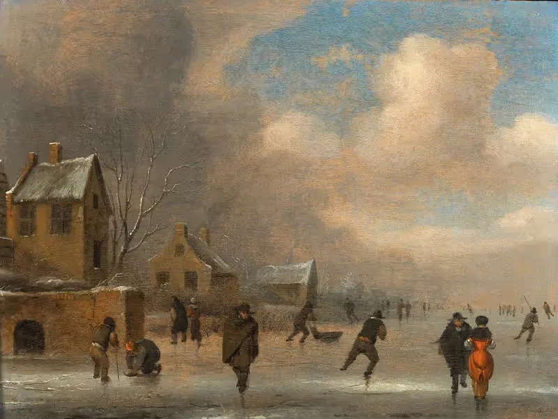 A winter landscape with skaters on the ice — Nicolaes Molenaer