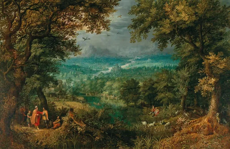 An extensive wooded landscape with biblical staffage — David Vinckboons