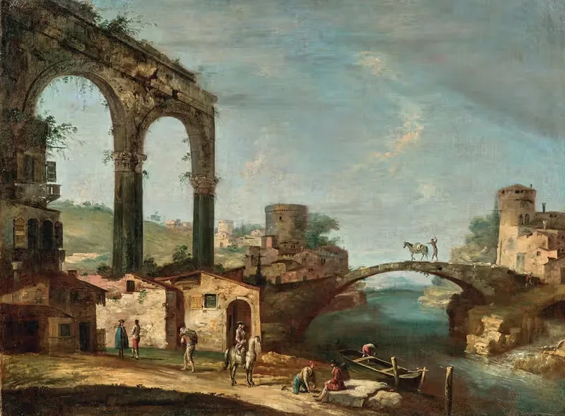 Landscape with classical ruins and figures by a river, a bridge beyond — Francesco Albotto