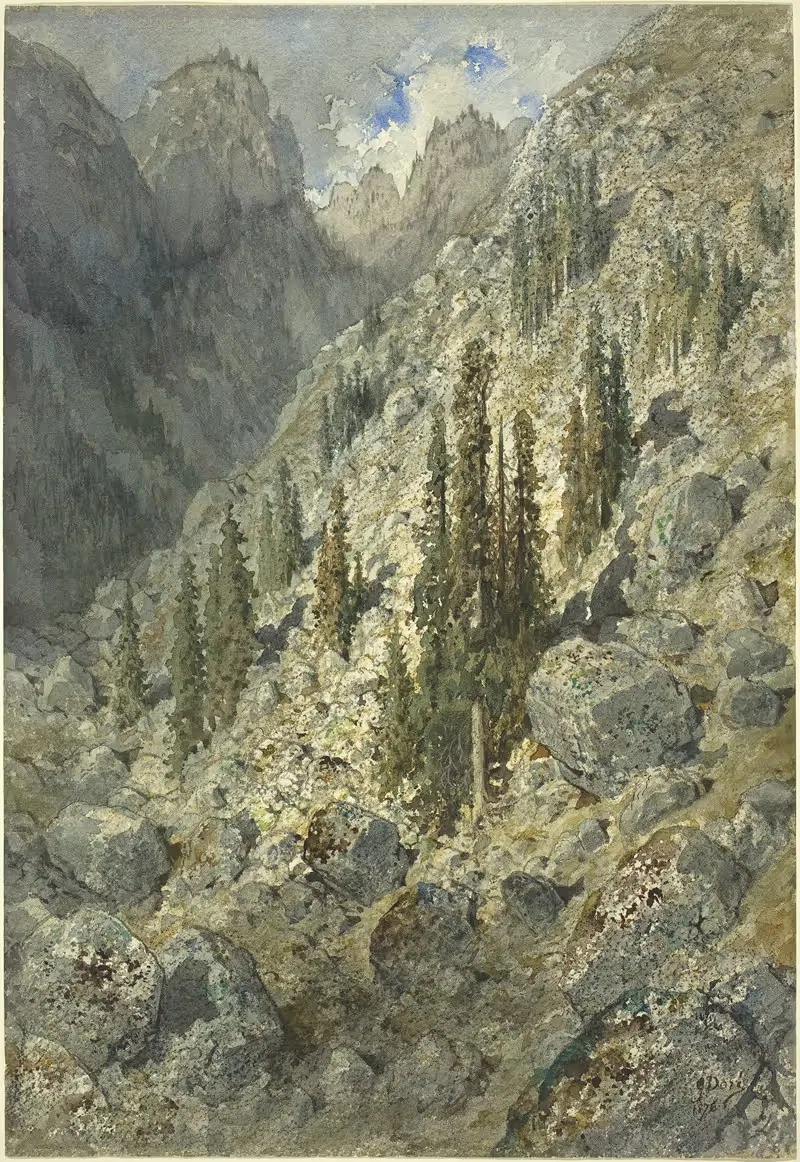 An Alpine Valley with Trees and Boulders — Gustave Doré