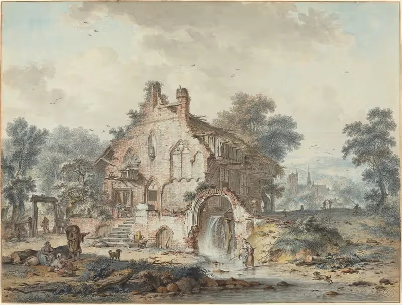 Rustic Watermill in a Gothic Ruin by Hendrik de Meyer II, 1778 — digital art print download
