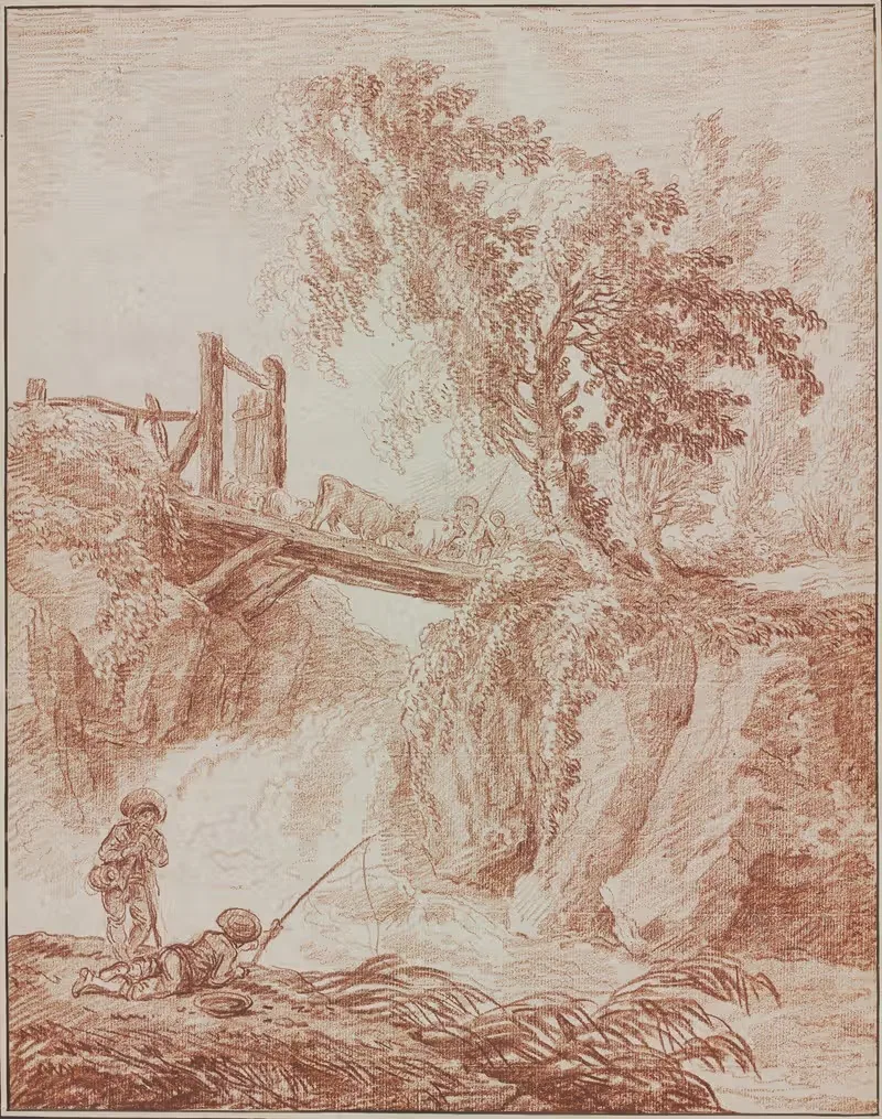 Herdsmen Crossing a Waterfall by Hubert Robert, 1770-1775 — digital art print download