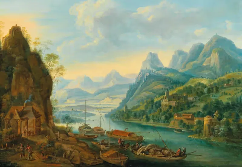 A river landscape with mountains by Jan Griffier — digital art print download