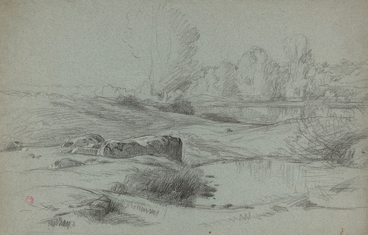 A Rocky Meadow by a River by Жан-Ашиль Бенувиль, c. 1840 — digital art print download