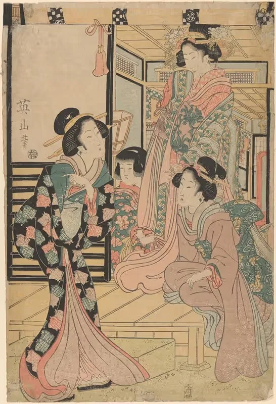Three Beauties and a Child (two standing, one seated) — Kikukawa Eizan