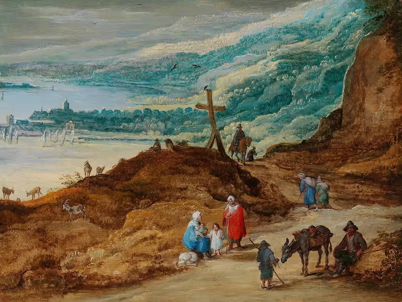 A wide mountainous landscape with travellers — Joos de Momper