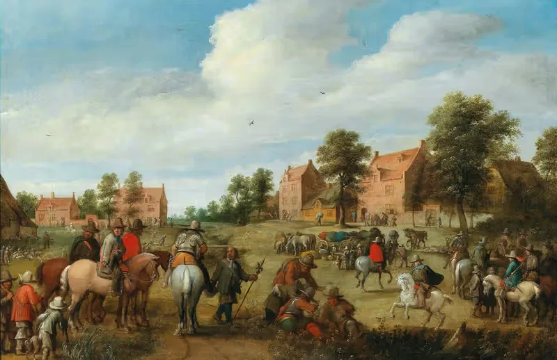 A cavalry unit halting near a village — Joost Cornelisz Droochsloot