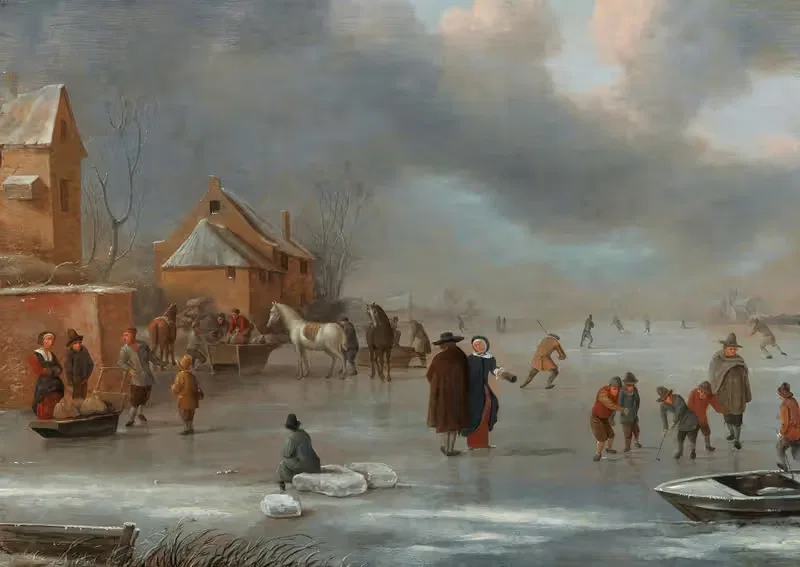 A winter landscape with skaters on the ice — Nicolaes Molenaer