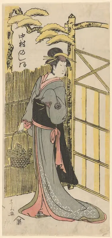 Female Figure Standing beside Garden Gate — Katsukawa Shunzan
