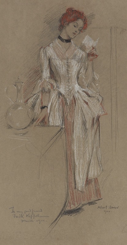 Young woman, standing, reading a letter — Albert Sterner