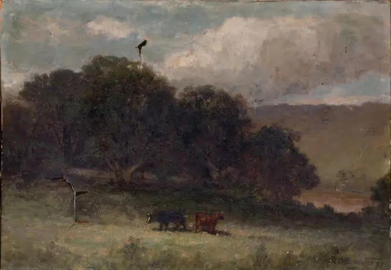 Untitled (landscape with trees and two cows in meadow) — Edward Mitchell Bannister