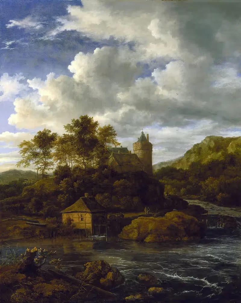Замок и водяная мельница у реки by Якоб ван Руйсдал, c. 1670 — digital art print download