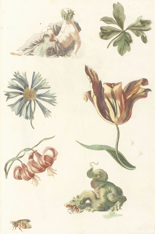 Riviergod, een draak en vier bloemen — Anonymous