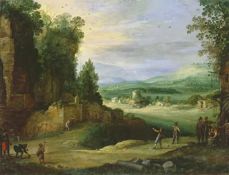 Пейзаж с мужчинами, играющими в 'Mail à la Chicane' by Поль Брил, 1624 — digital art print download