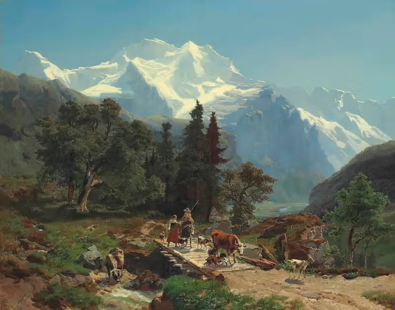 Drovers On A Bridge In An Alpine Landscape — Carl Schweich