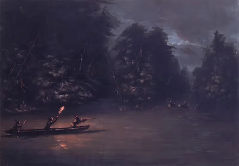 Deer Hunting By Torchlight In Bark Canoes — George Catlin