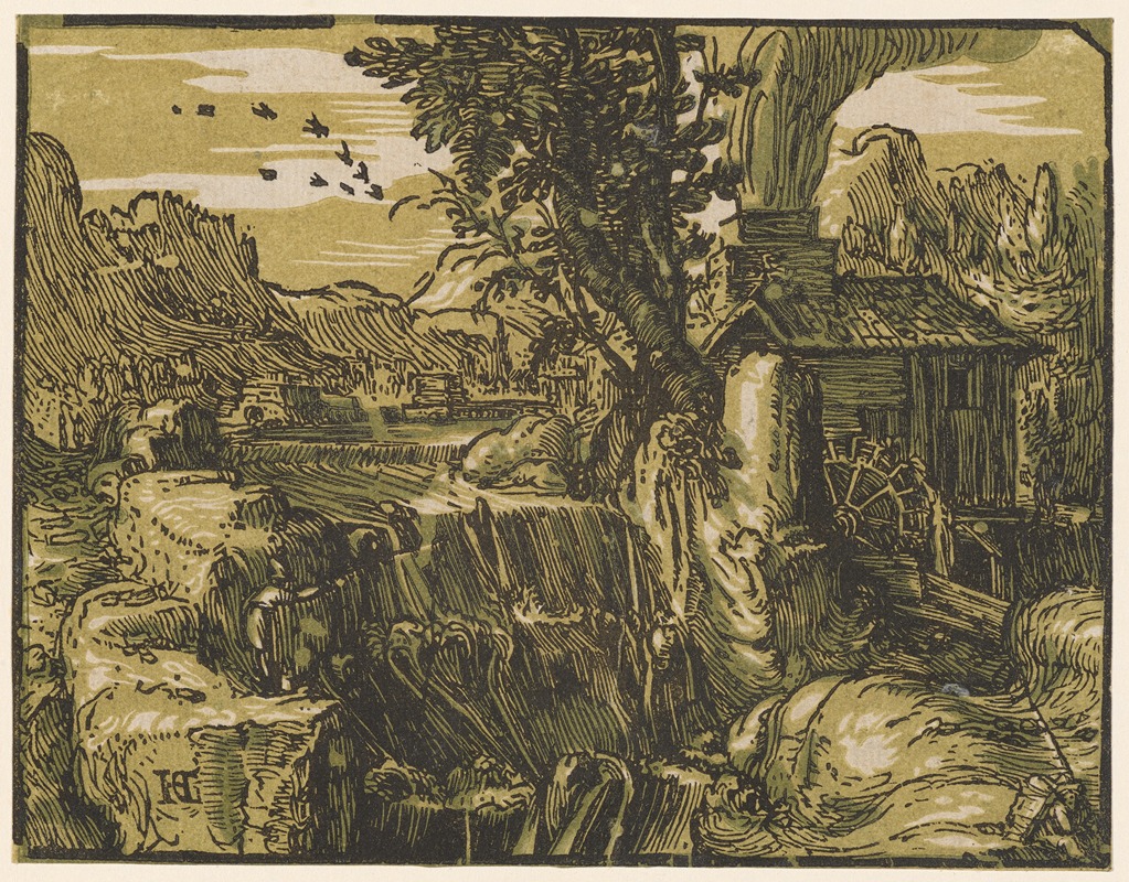 Пейзаж с водопадом by Генрик Гольциус, 1597-1600 — digital art print download