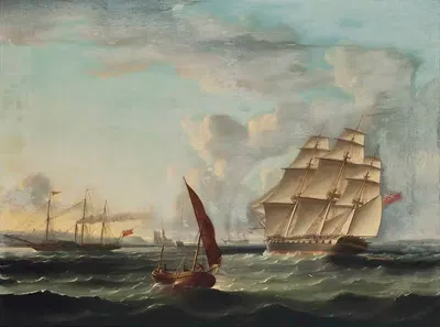 Фрегат, приближающийся к устью Тагуса с проходящим колесным пароходом мимо башни Белем, Лиссабон by Джеймс Эдвард…