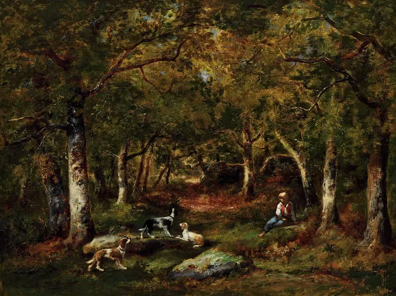 Enfant Et Chiens De Chasse En Forêt — Narcisse-Virgile Diaz de La Peña