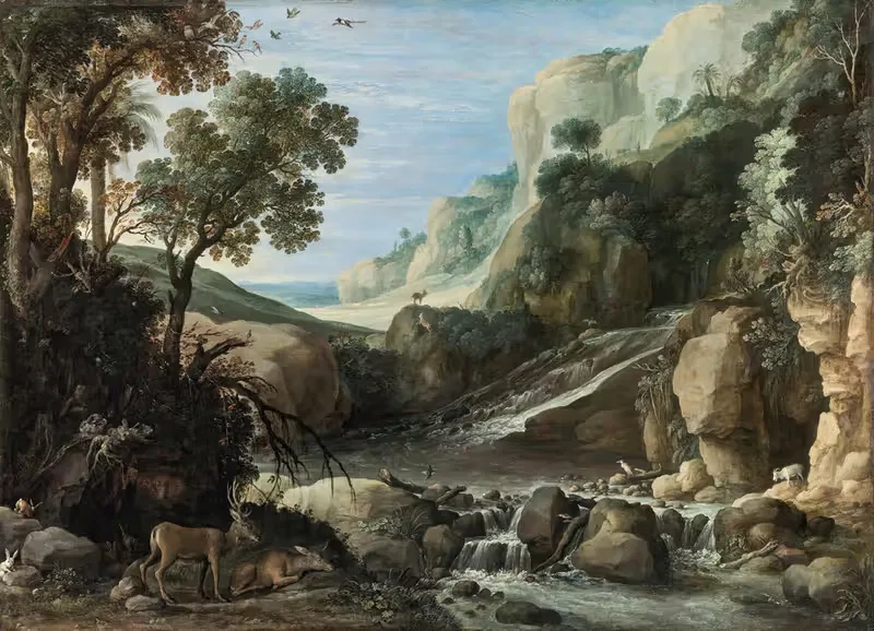 Mountainous Landscape With Wildlife Around A Cascade — Paul Bril