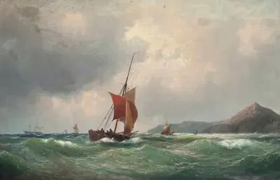 Fishing Boats Off A Rocky Coastline, A Paddle Steamer Beyond by Vilhelm Melbye, 1853 — digital art print download