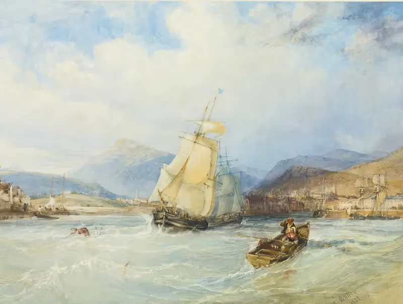 Ships Off A Town In A Mountainous Landscape — Charles Bentley