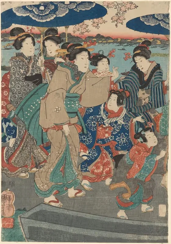 Seven Female Figures, Two Umbrellas (river in background) — Utagawa Kuniyoshi