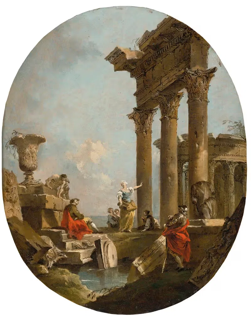 An Architectural Capriccio With Figures Amongst Classical Ruins, A Temple Beyond — Francesco Guardi