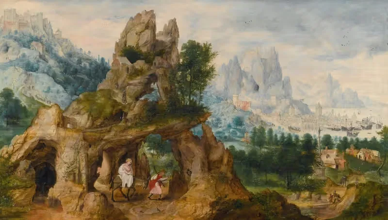 An Extensive Rocky Landscape With The Flight Into Egypt — Herri met de Bles