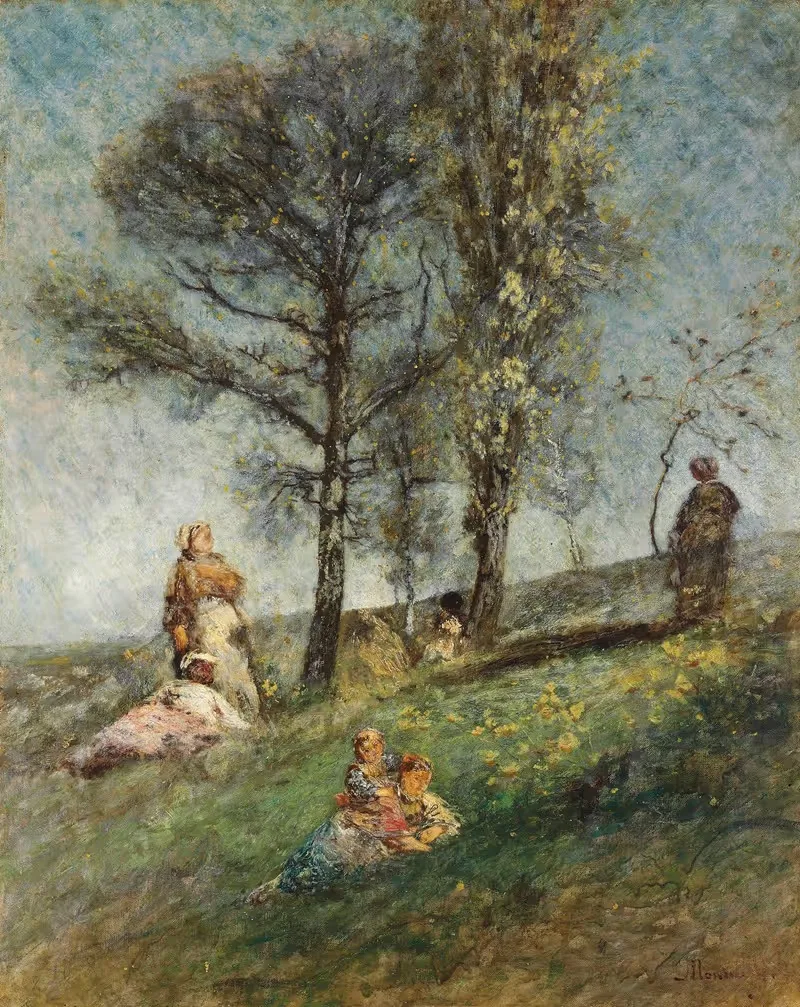 A Young Family Under Trees On A Hill — Adolphe Monticelli