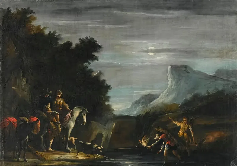 A Moonlit Scene With Travellers Crossing A Stream — Emilian School